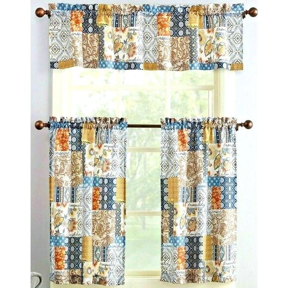 Amelia Patchwork Kitchen Curtain Valance Microfiber Navy Blue Tan Red Spice NEW - Picture 1 of 4